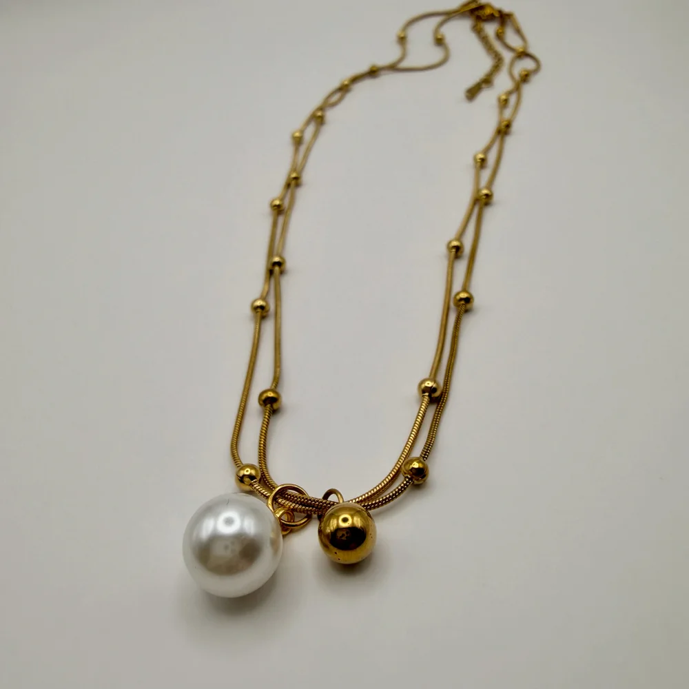 Gold Stainless Steel Layered Pearl Pendant Necklace Dainty Jewelry
